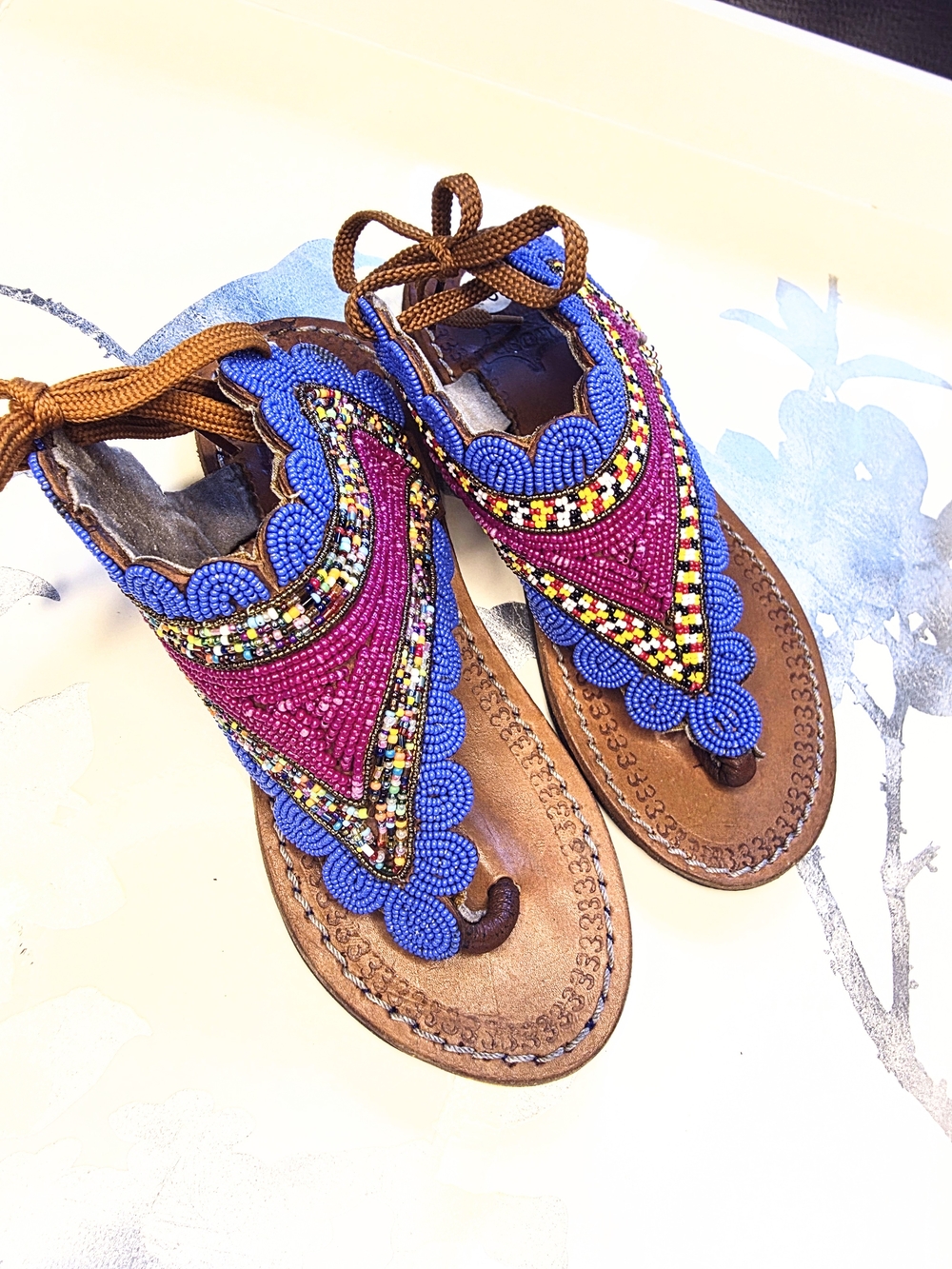 Maasai Beaded Leather Thong Sandals - Brown with Blue & Pink Embellishment